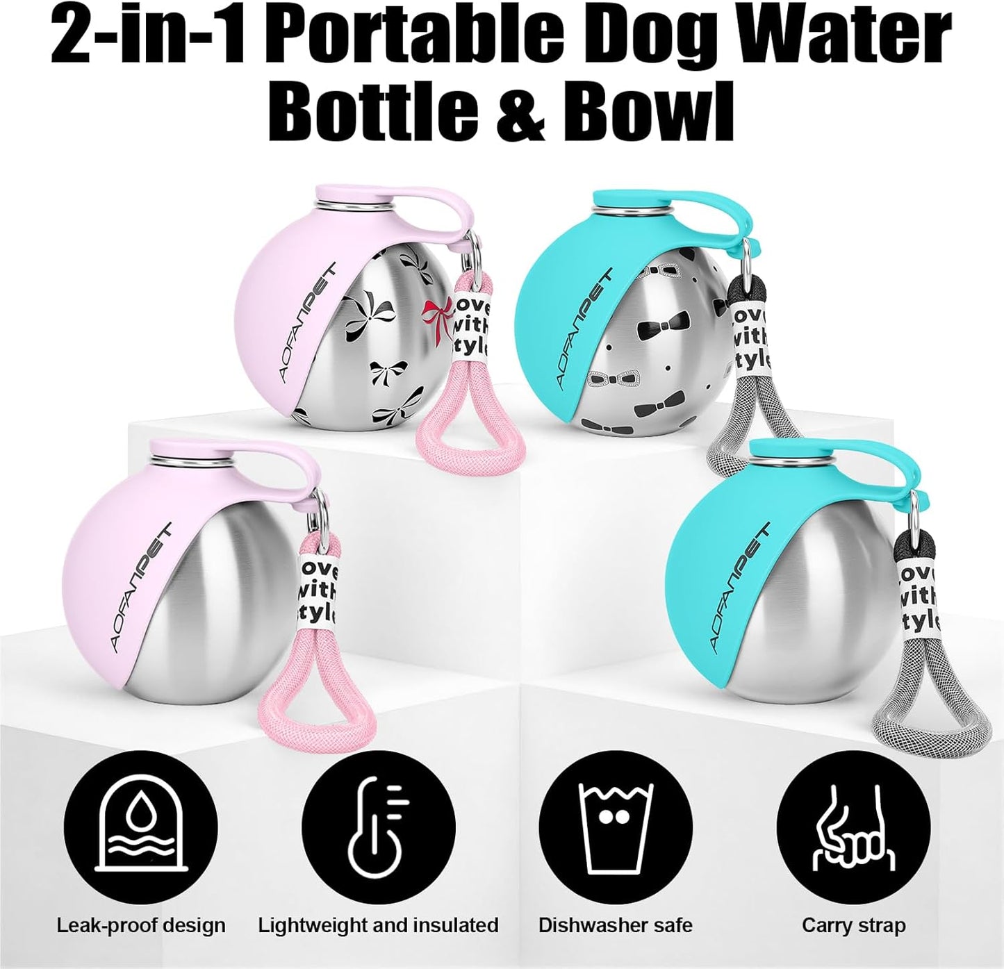 Portable Dog Water Bottle 10Oz Stainless Steel Travel Dog Water Dispenser with Bowl No-Spill Puppy Water Bottle for Walking Hiking Small Dog Water Bottle