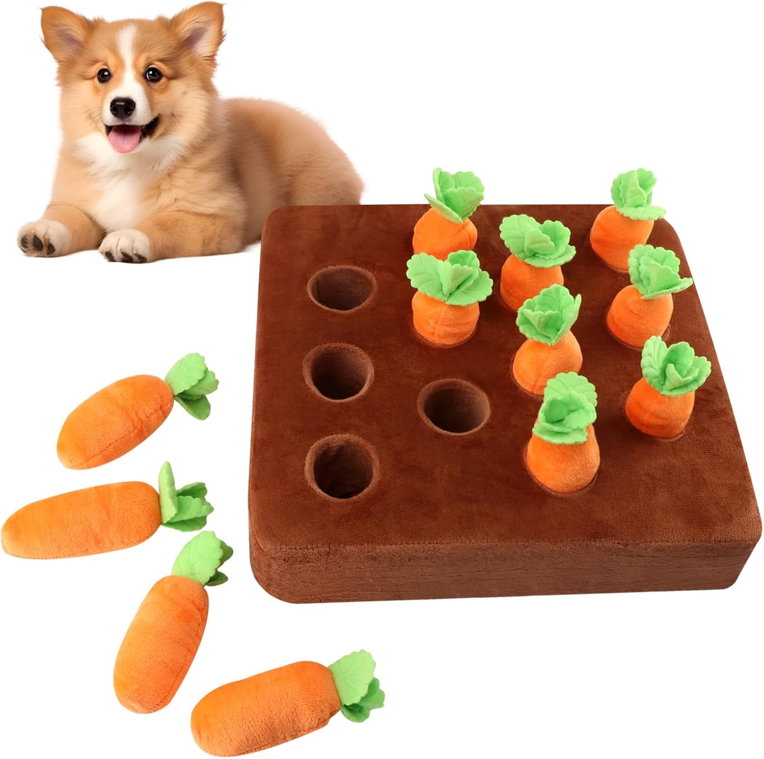 Carrot Dog Toys, Carrot Snuffle Mat for Dogs Interactive Dog Plush Puzzle Toys 2 in 1 Fun Nosework Feed Games Pet Stress Relief and Brain Training Foraging Skill with 12 Carrots (Orange)