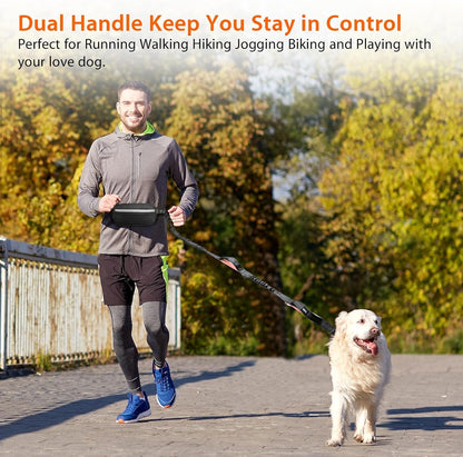 Hands Free Dog Running Leash with Waist Belt, Dual Handle Elastic Bungees Retractable Rope for Medium and Large Dogs, Reflective Stitches for Walking Hiking Biking (Large Pink, 25-120Lb