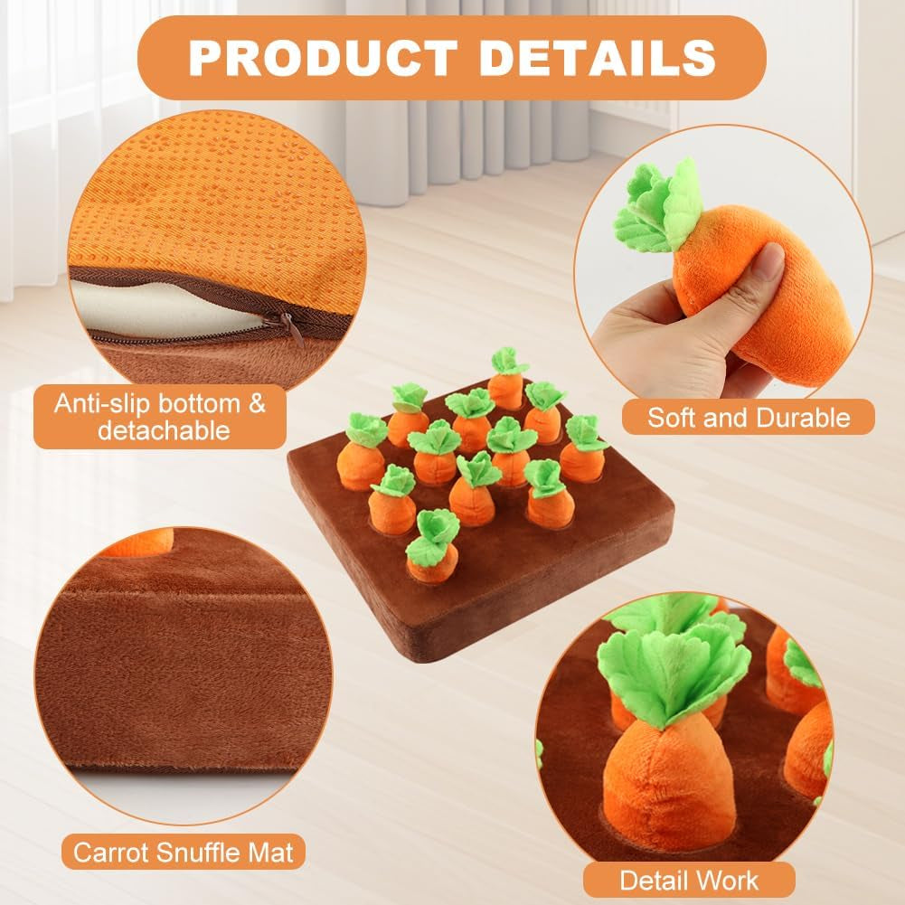 Carrot Dog Toys, Carrot Snuffle Mat for Dogs Interactive Dog Plush Puzzle Toys 2 in 1 Fun Nosework Feed Games Pet Stress Relief and Brain Training Foraging Skill with 12 Carrots (Orange)