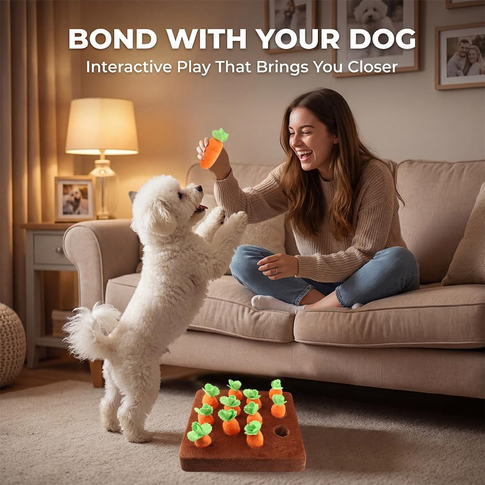 Carrot Dog Toys, Carrot Snuffle Mat for Dogs Interactive Dog Plush Puzzle Toys 2 in 1 Fun Nosework Feed Games Pet Stress Relief and Brain Training Foraging Skill with 12 Carrots (Orange)