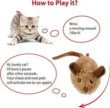 Interactive Cat Toy Mouse, Moving Automatic Cat Toys Mice Electronic with Furry Tail, Automatic Squeaky Cat Toys for Kitten Indoor/Outdoor Exercise (Brown-Ear) | Electronic Cat Mice Toy with Furry Tail, Brown Motion-Activated Cat Chase Toy, Great for Indoor& Outdoor Exercise Play