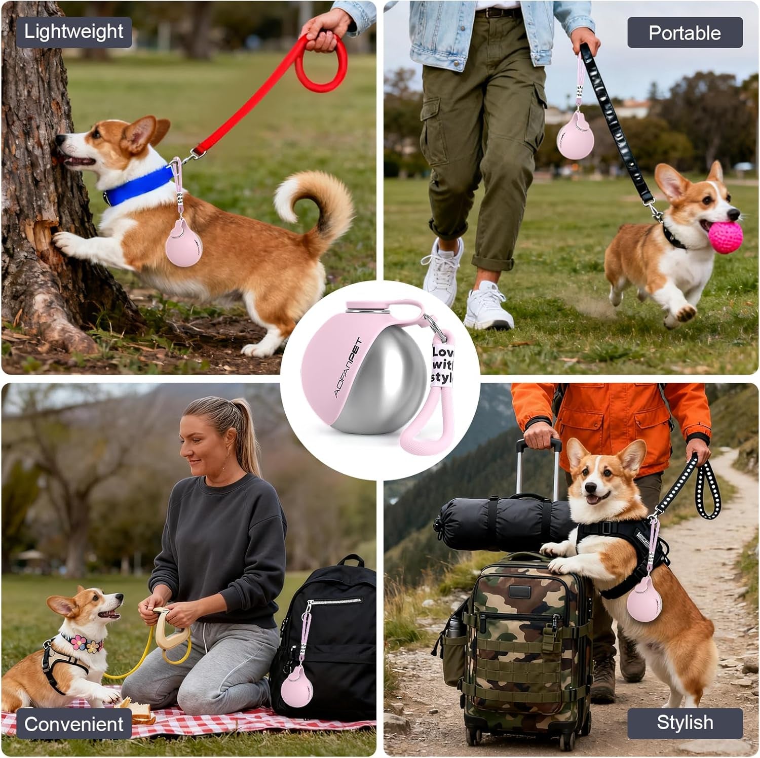 Portable Dog Water Bottle 10Oz Stainless Steel Travel Dog Water Dispenser with Bowl No-Spill Puppy Water Bottle for Walking Hiking Small Dog Water Bottle