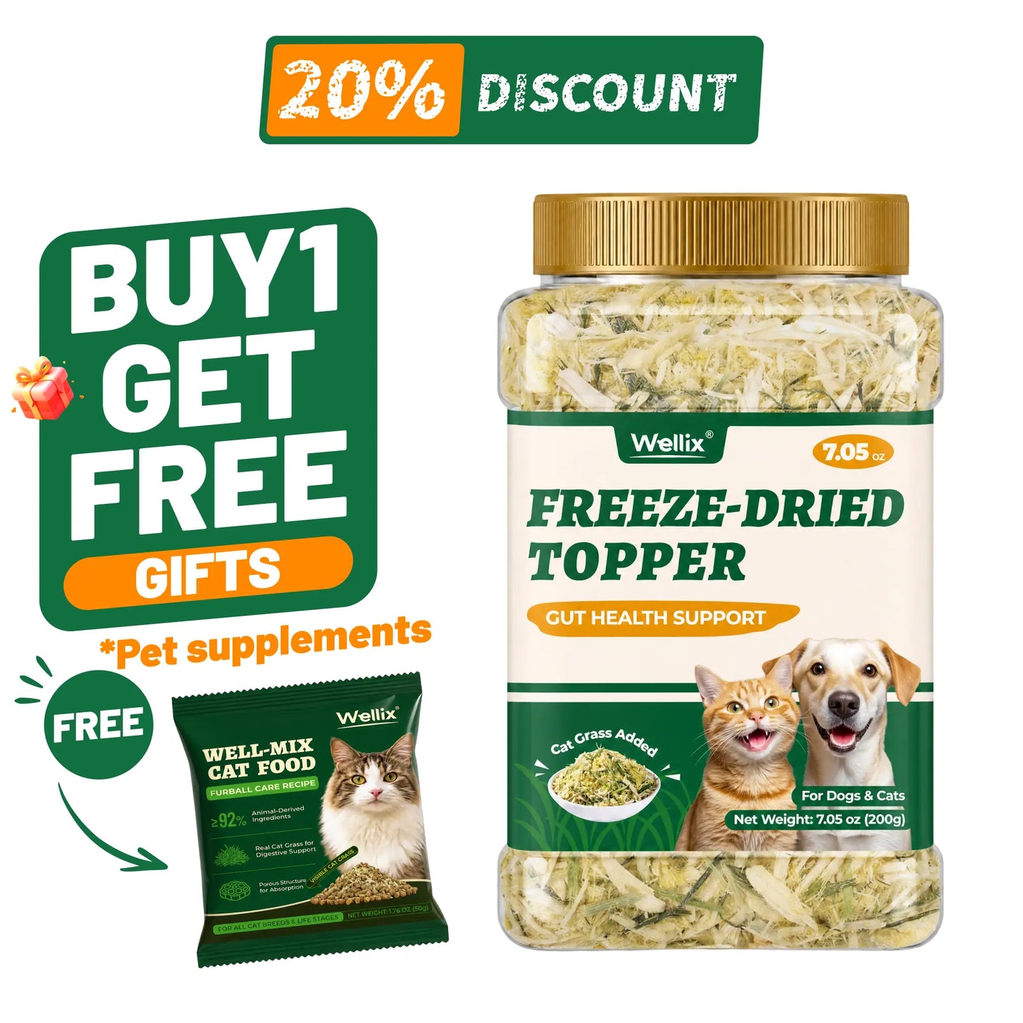 Wellix Dog&Cat Food Topper - Cat Grass Treats for Haiball Treament - Chicken Flavor Freeze Dried Cat Treats - Low Calorie Training Treats for Dogs&Cat 7.5Oz