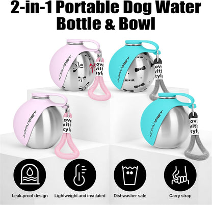 Portable Dog Water Bottle 10Oz Stainless Steel Travel Dog Water Dispenser with Bowl No-Spill Puppy Water Bottle for Walking Hiking Small Dog Water Bottle