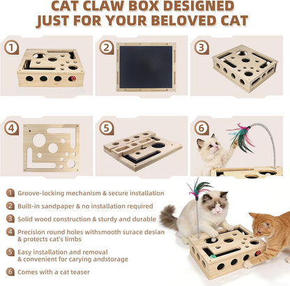 Cat Scratch Puzzle Enrichment Box, Interactive Cat Nail File Scratcher with Sandpaper, 3 Bell Balls & Detachable Teaser Wand, Stress‑Free Nail Care Toy for Indoor Cats, Scratchers That Trim Nails