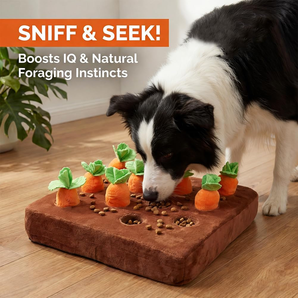 Carrot Dog Toys, Carrot Snuffle Mat for Dogs Interactive Dog Plush Puzzle Toys 2 in 1 Fun Nosework Feed Games Pet Stress Relief and Brain Training Foraging Skill with 12 Carrots (Orange)