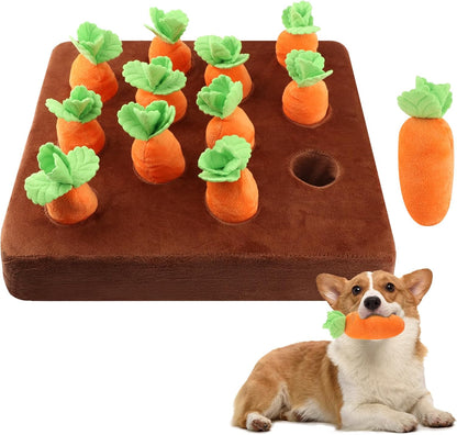 Carrot Dog Toys, Carrot Snuffle Mat for Dogs Interactive Dog Plush Puzzle Toys 2 in 1 Fun Nosework Feed Games Pet Stress Relief and Brain Training Foraging Skill with 12 Carrots (Orange)