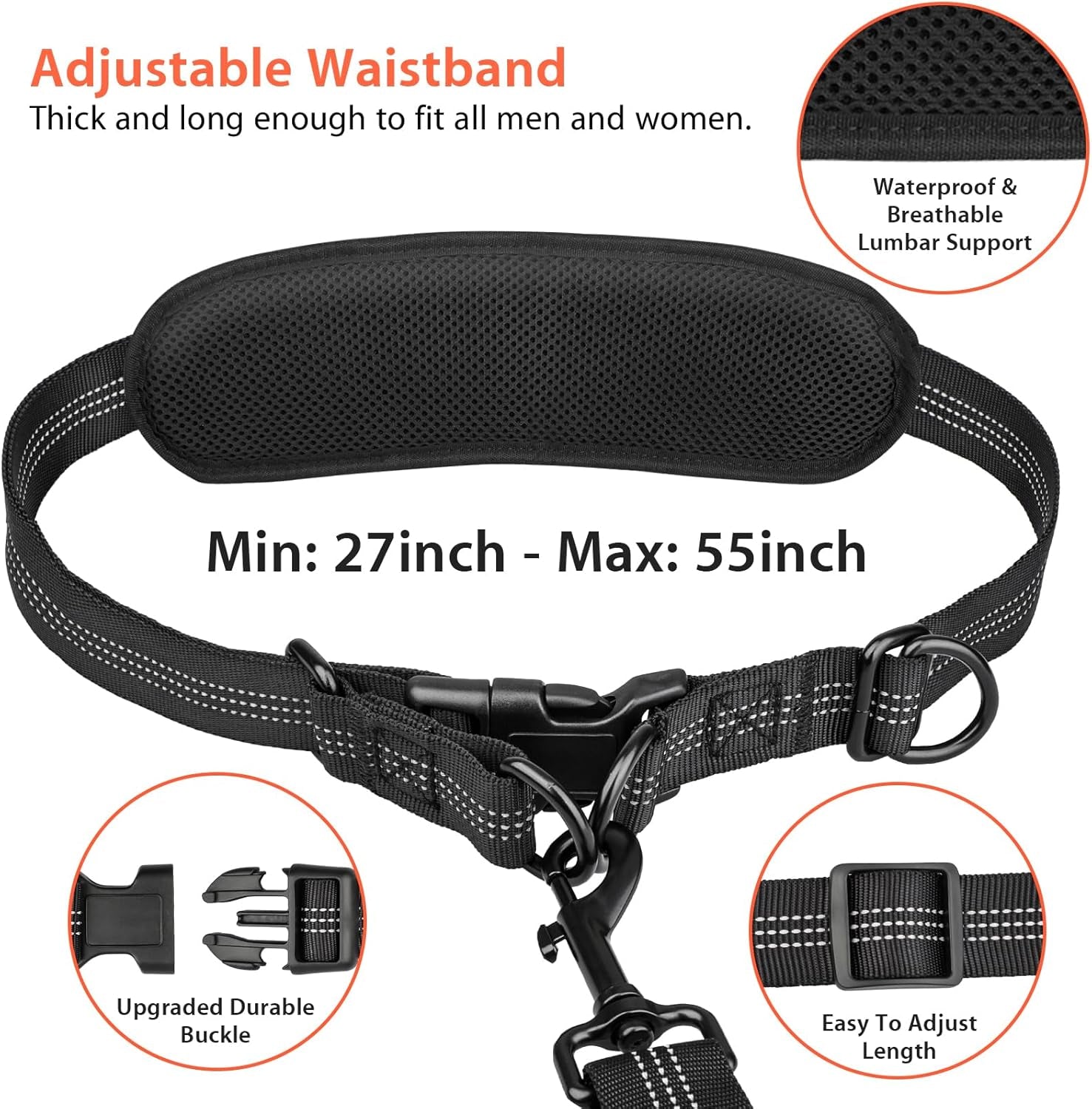 Hands Free Dog Running Leash with Waist Belt, Dual Handle Elastic Bungees Retractable Rope for Medium and Large Dogs, Reflective Stitches for Walking Hiking Biking (Large Pink, 25-120Lb