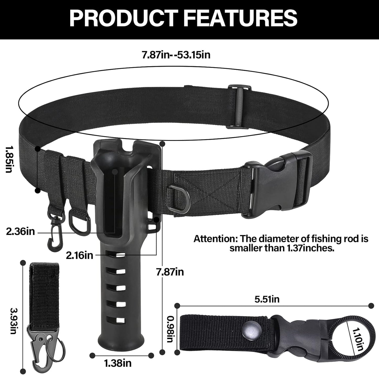 Fishing Wading Belt with Rod Holder Adjustable Wader Waist Belt | Fishing Rod Holster Quick Release Belt Keeper Bottle Buckle for Fly Surf Kayak Casting Spinning Pole Tool Tackle Gear