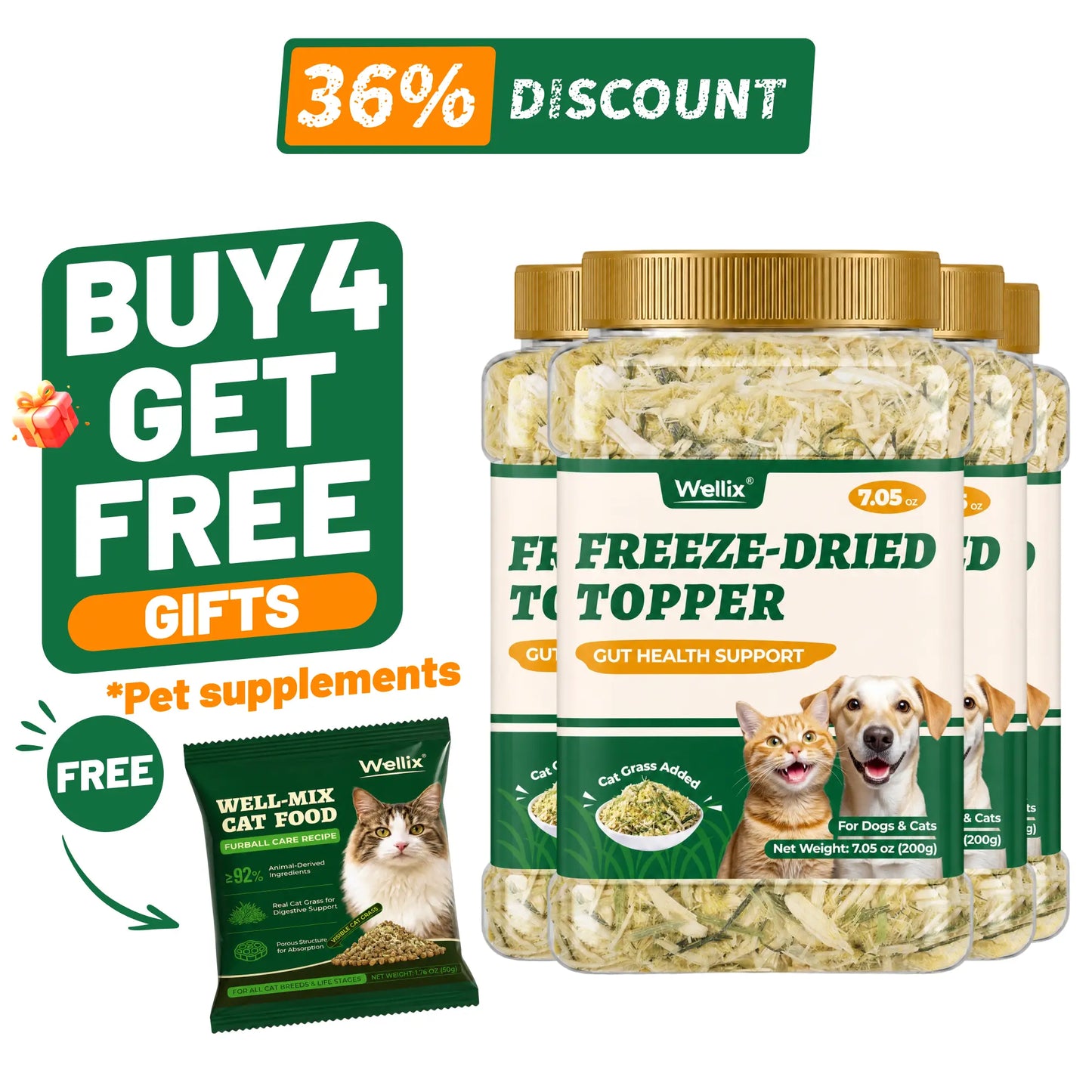 Wellix Dog&Cat Food Topper - Cat Grass Treats for Haiball Treament - Chicken Flavor Freeze Dried Cat Treats - Low Calorie Training Treats for Dogs&Cat 7.5Oz