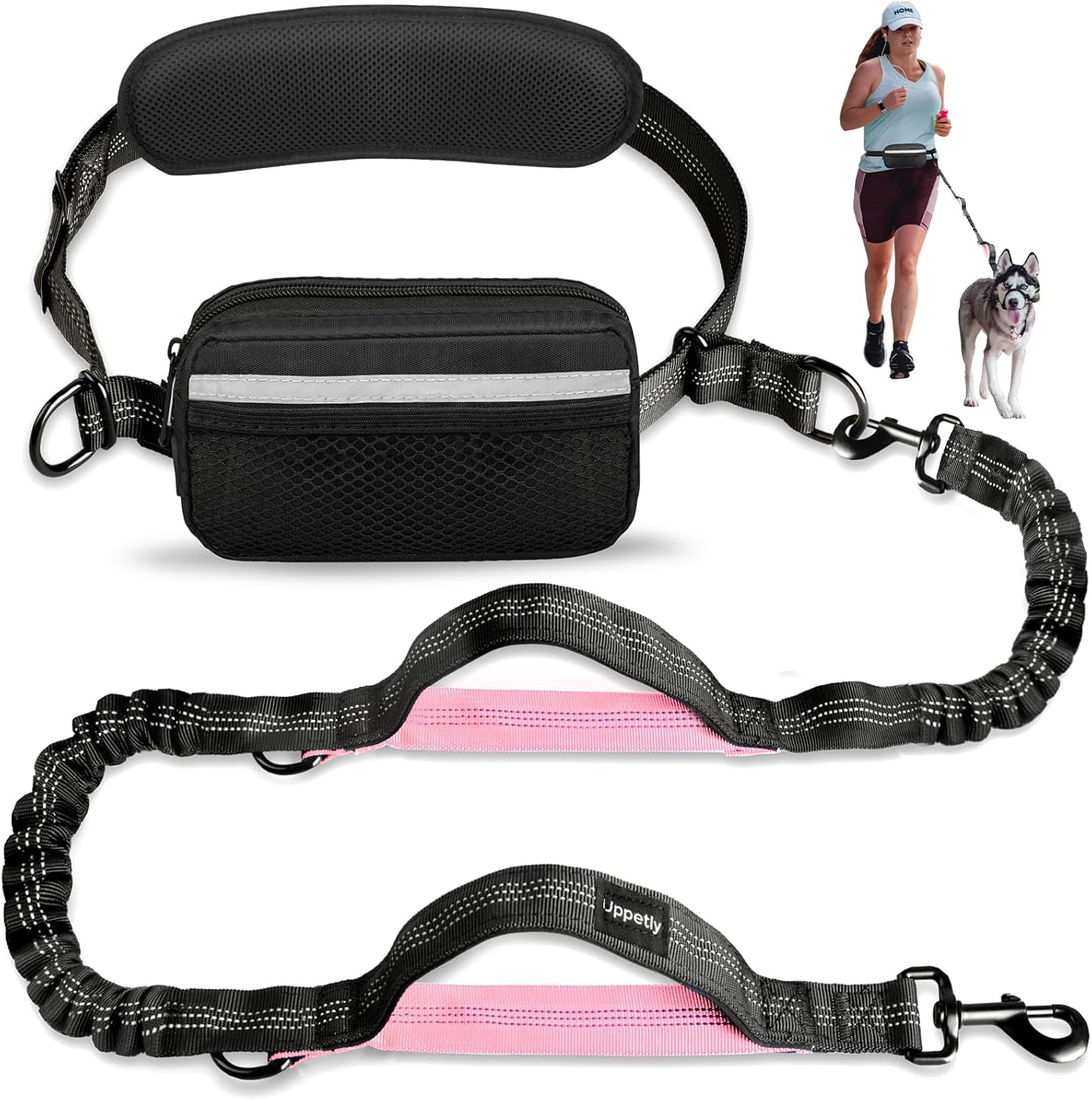 Hands Free Dog Running Leash with Waist Belt, Dual Handle Elastic Bungees Retractable Rope for Medium and Large Dogs, Reflective Stitches for Walking Hiking Biking (Large Pink, 25-120Lb