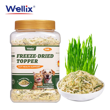 Wellix Dog&Cat Food Topper - Cat Grass Treats for Haiball Treament - Chicken Flavor Freeze Dried Cat Treats - Low Calorie Training Treats for Dogs&Cat 7.5Oz