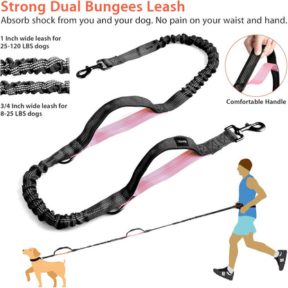 Hands Free Dog Running Leash with Waist Belt, Dual Handle Elastic Bungees Retractable Rope for Medium and Large Dogs, Reflective Stitches for Walking Hiking Biking (Large Pink, 25-120Lb