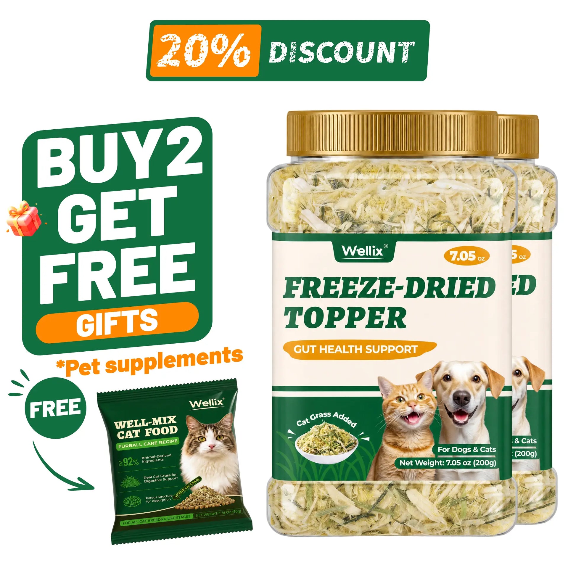 Wellix Dog&Cat Food Topper - Cat Grass Treats for Haiball Treament - Chicken Flavor Freeze Dried Cat Treats - Low Calorie Training Treats for Dogs&Cat 7.5Oz
