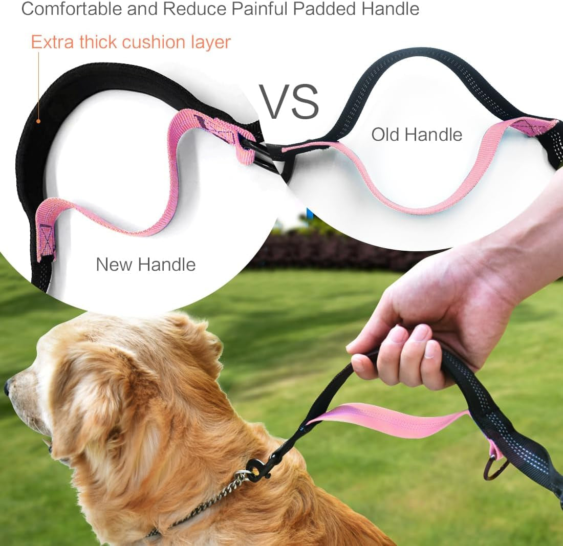 Hands Free Dog Running Leash with Waist Belt, Dual Handle Elastic Bungees Retractable Rope for Medium and Large Dogs, Reflective Stitches for Walking Hiking Biking (Large Pink, 25-120Lb