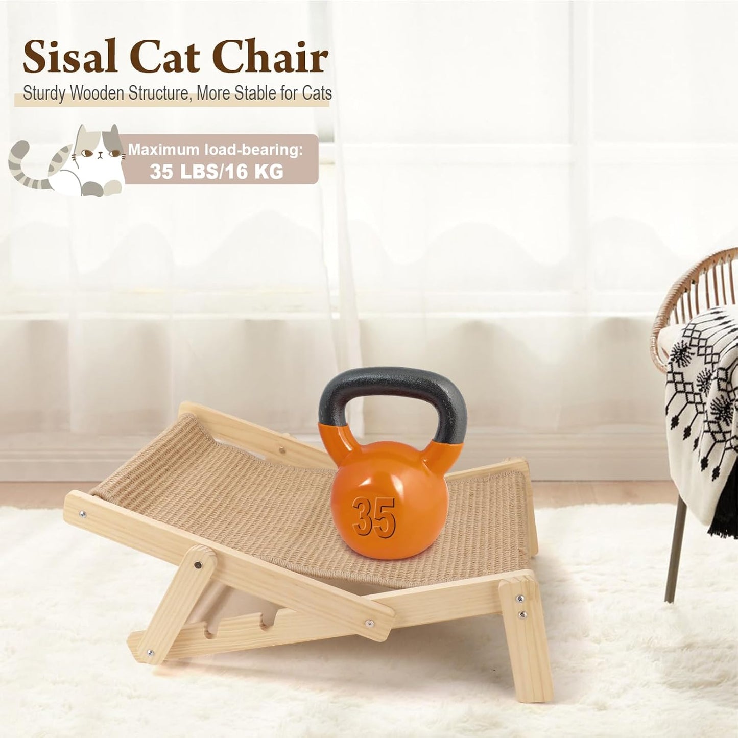 Sisal Cat Scratcher Bed with Adjustable 4-Position for Cats Scratcher Lounge, 2 in 1 Cat Sisal Chair for Indoor Cats Hammock for Scratching Pad, Natural Lounger Chair