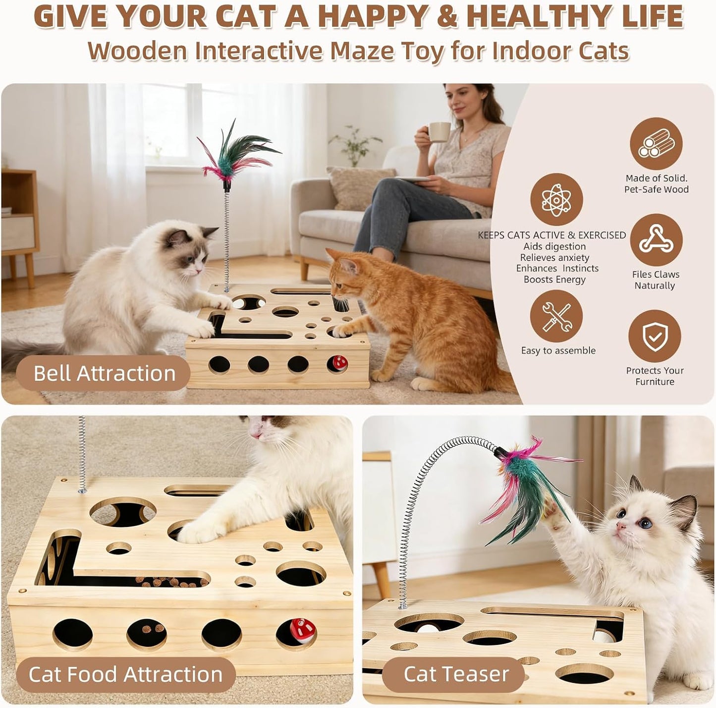 Cat Scratch Puzzle Enrichment Box, Interactive Cat Nail File Scratcher with Sandpaper, 3 Bell Balls & Detachable Teaser Wand, Stress‑Free Nail Care Toy for Indoor Cats, Scratchers That Trim Nails